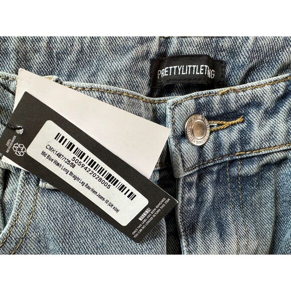 Pretty Little Thing Mid Blue Wash Straight Leg Raw Hem Jeans Size 6 NWT - Picture 4 of 6